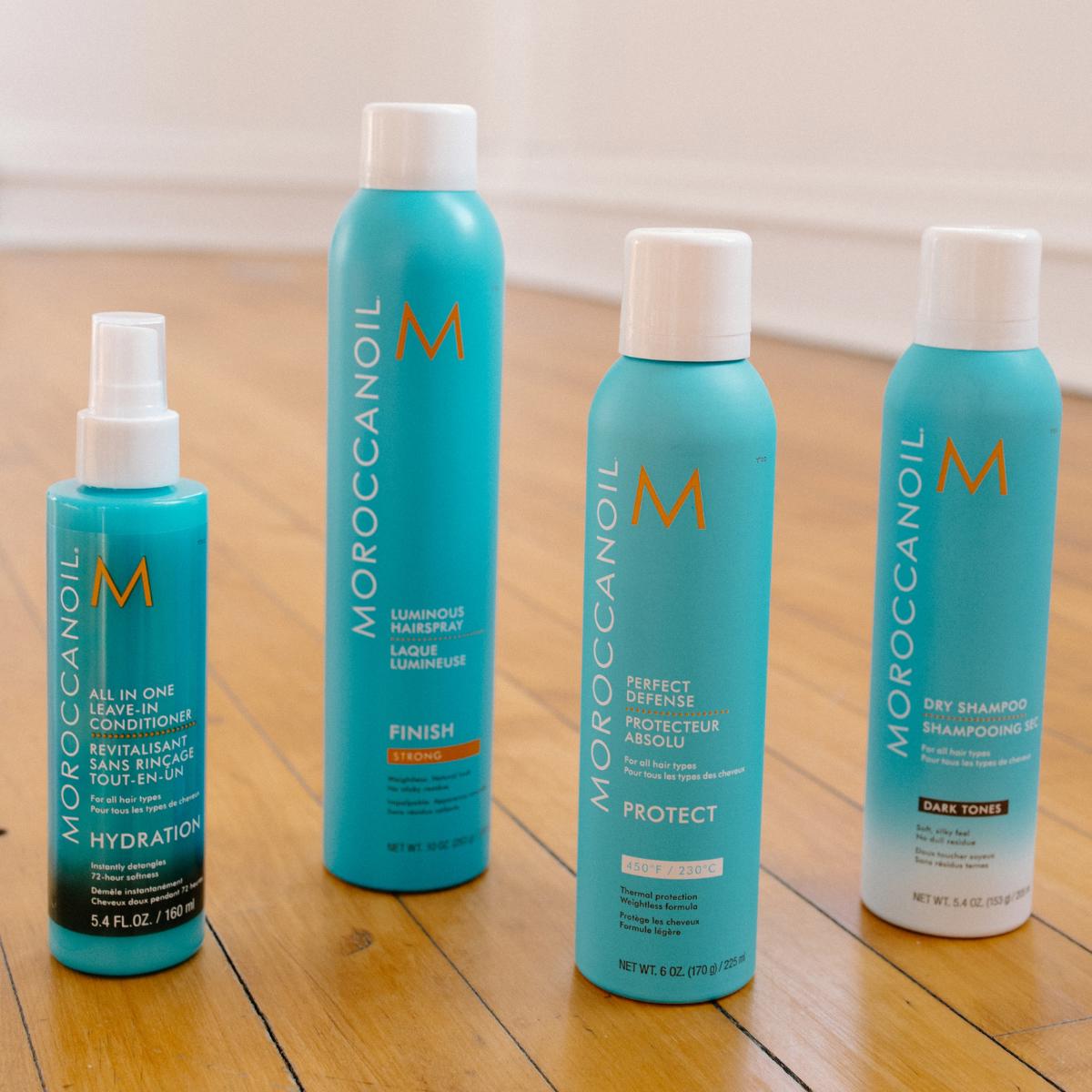 Moroccan Oil products on exposed wood floor